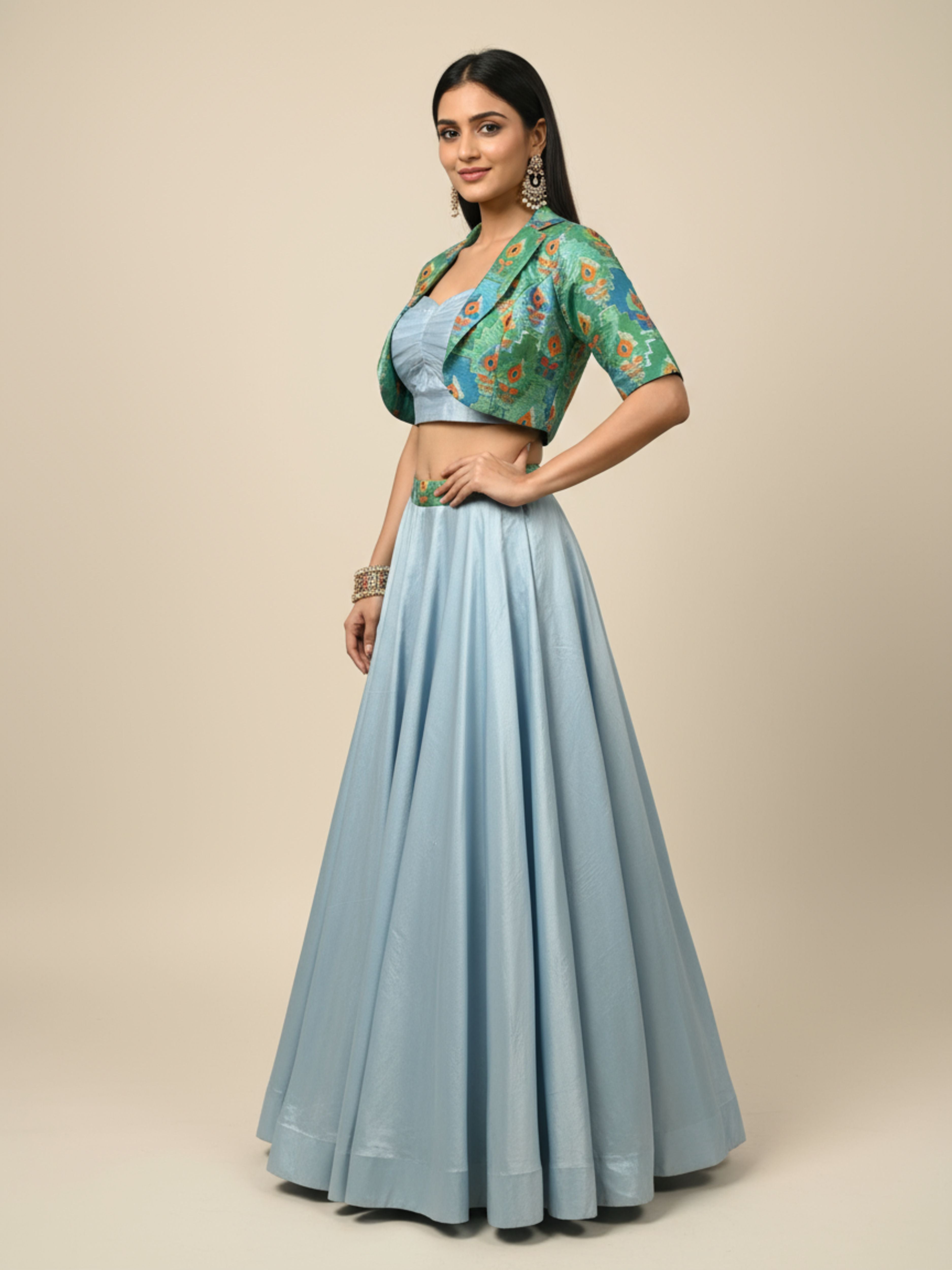 Ethereal Mist-Designer Silk Lehenga with Bolero Jacket