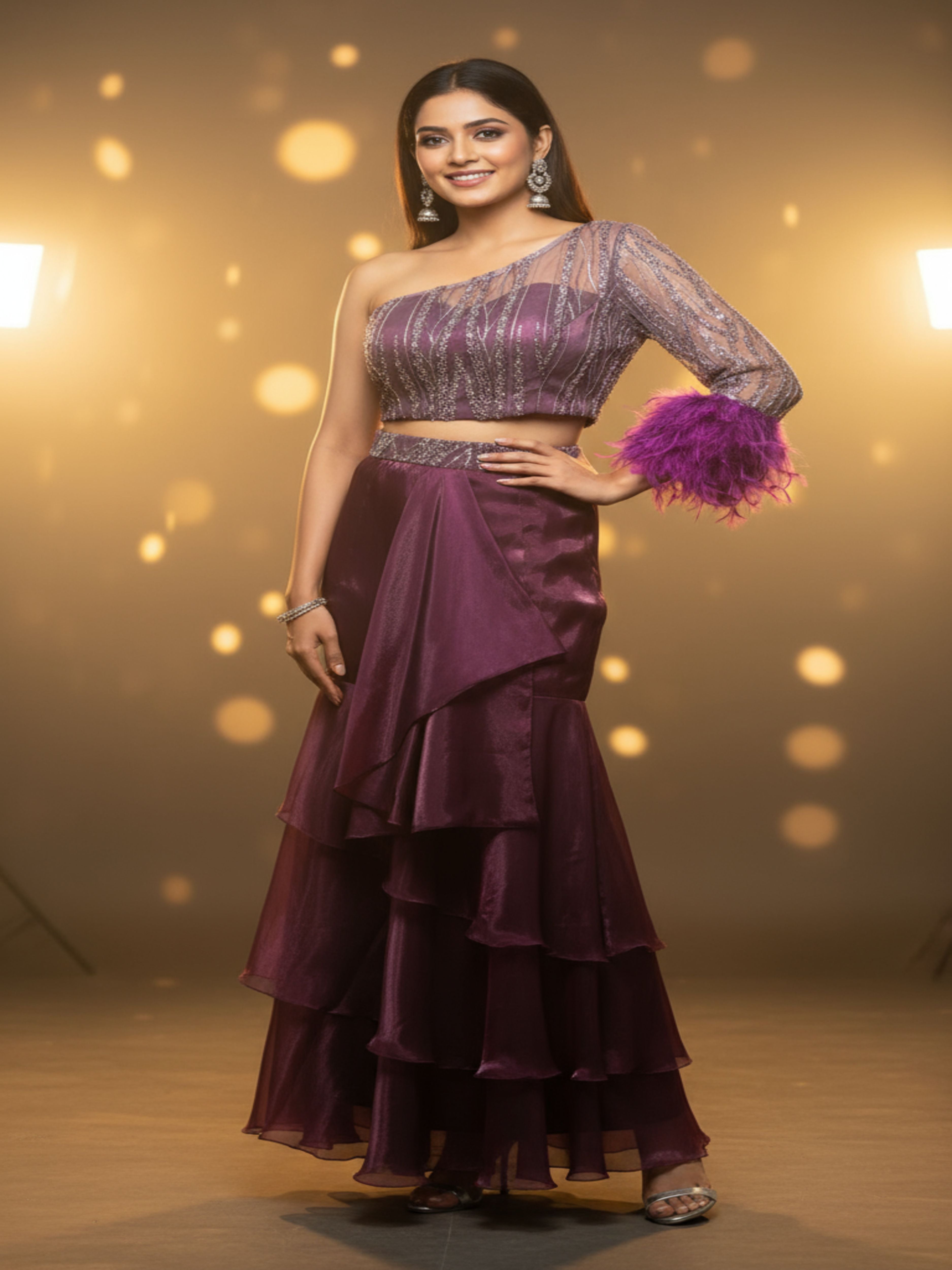 Madhuvarna-Wine Ruffle Lehenga for Cocktail & Reception