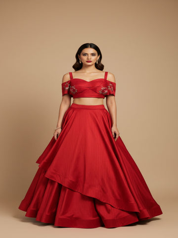 Raktima-Red Designer Lehenga & Croptop Set