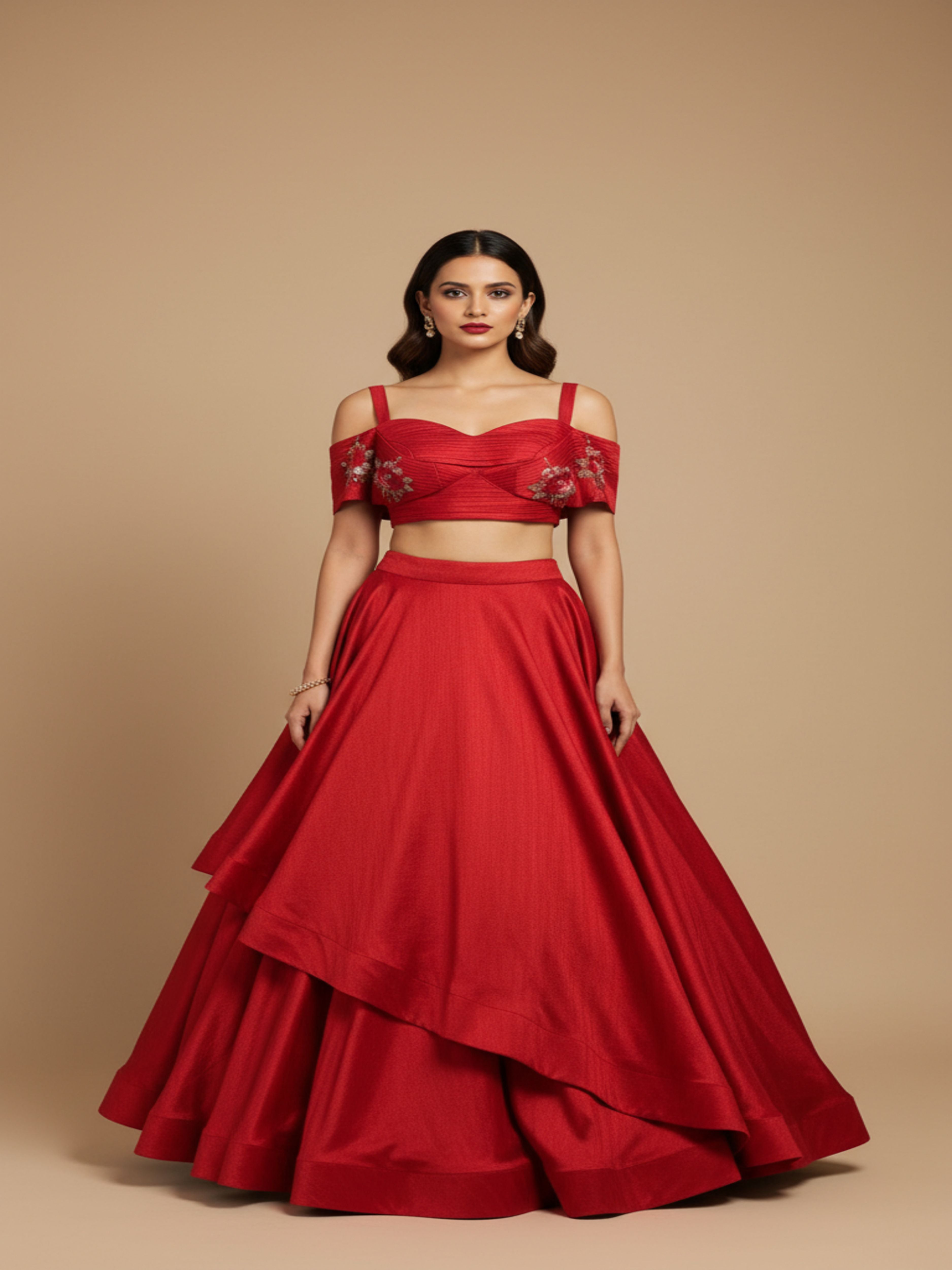 Raktima-Red Designer Lehenga & Croptop Set