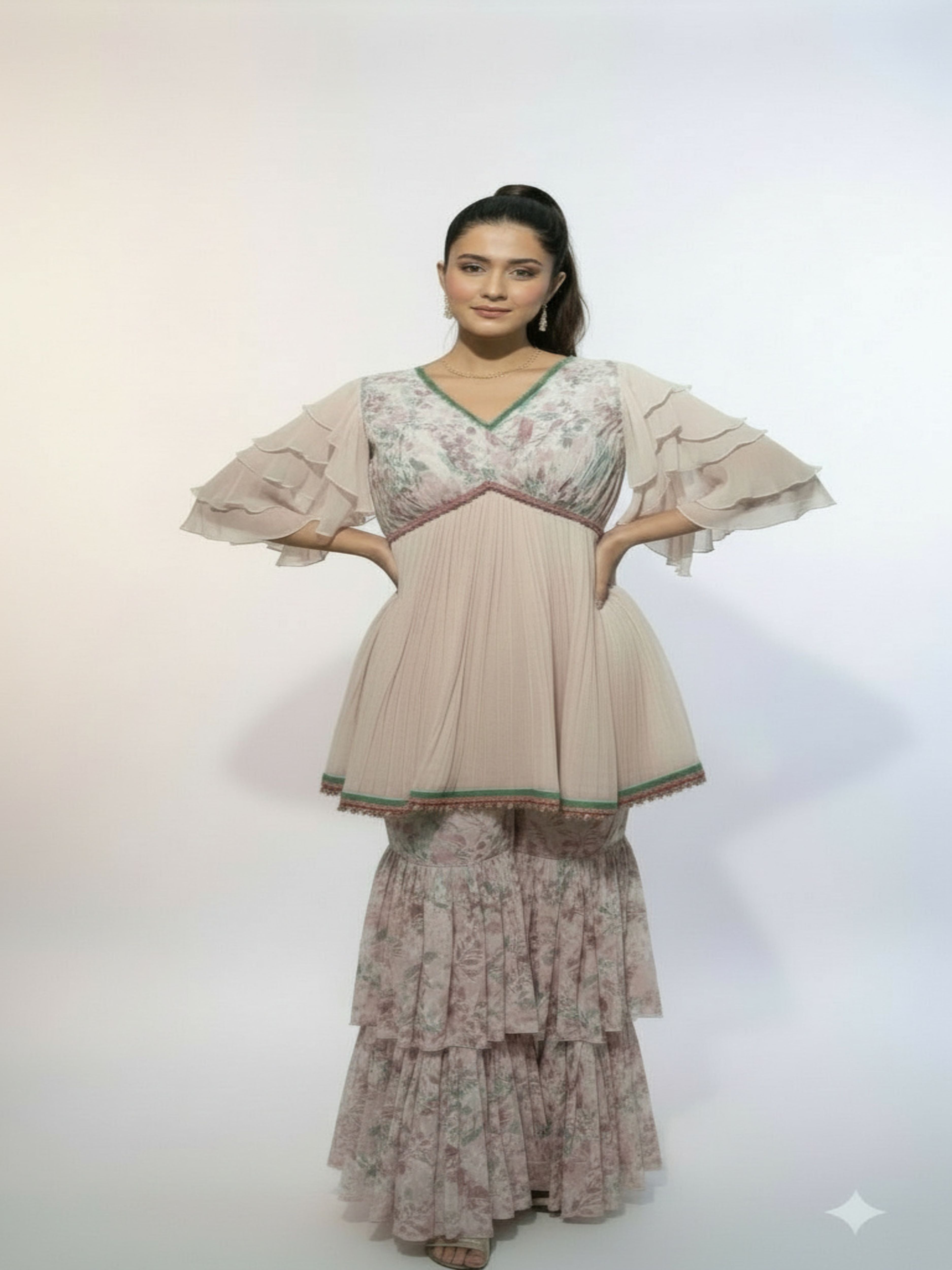 Gulnar-Pastel Floral Sharara Set with Dupatta