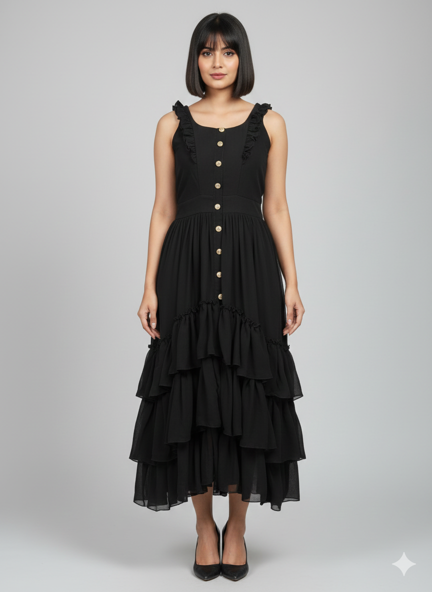 Noir Cascade - Sleeveless Ruffled Dress