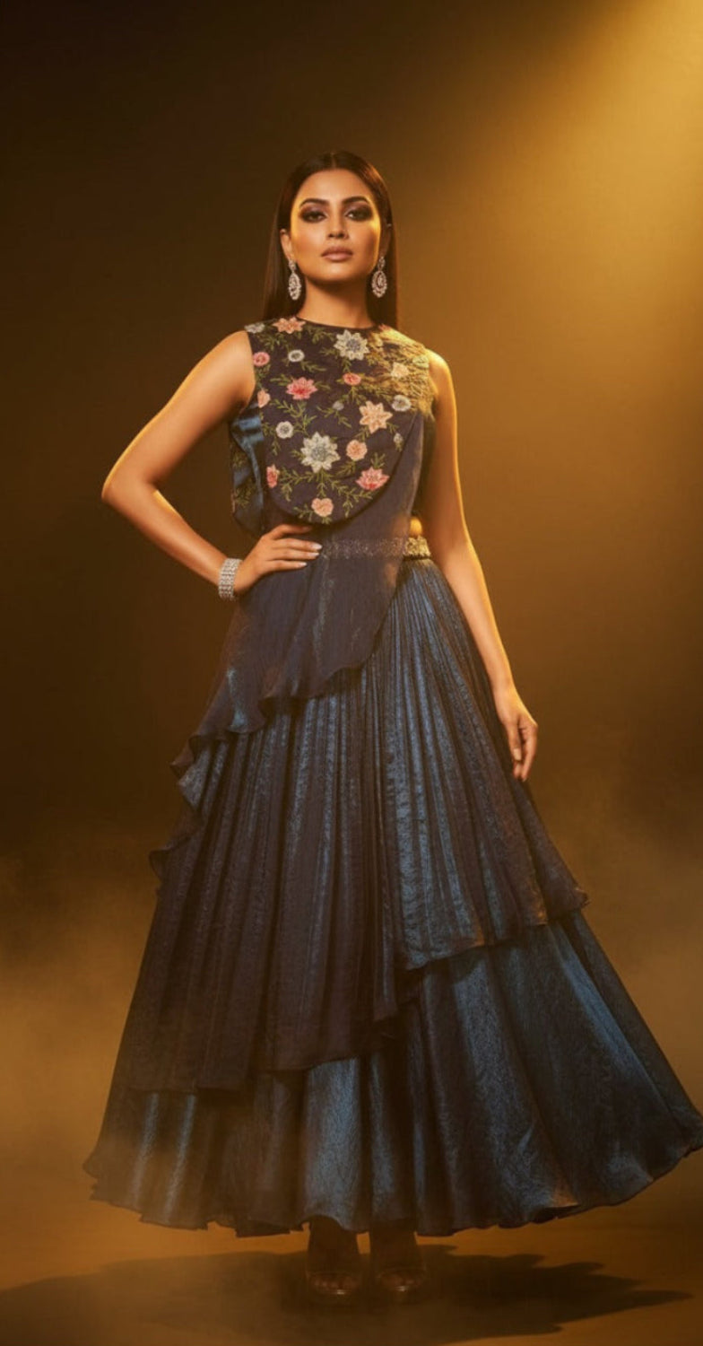 Mayurakshi-Peacock Blue applique crop top set