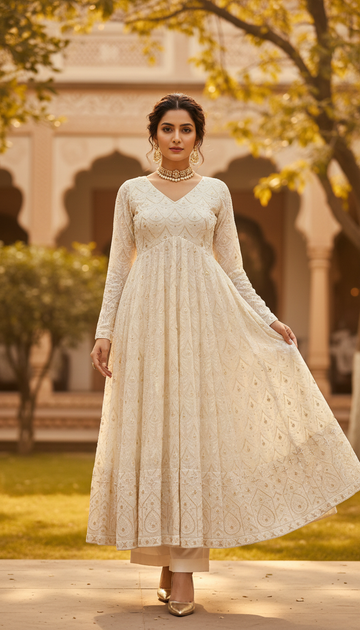 Shvetika-Ivory Embroidered Anarkali Set with Sheer Dupatta