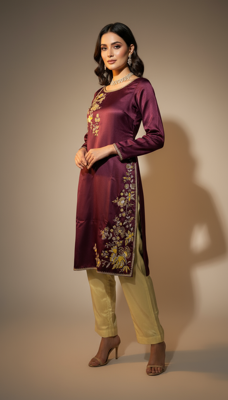 Varnika-Plum Embroidered Kurta Set with Contrast Dupatta