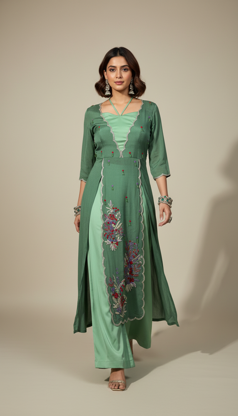 Vasundhara-Luxe Green Embroidered Pallazo Set