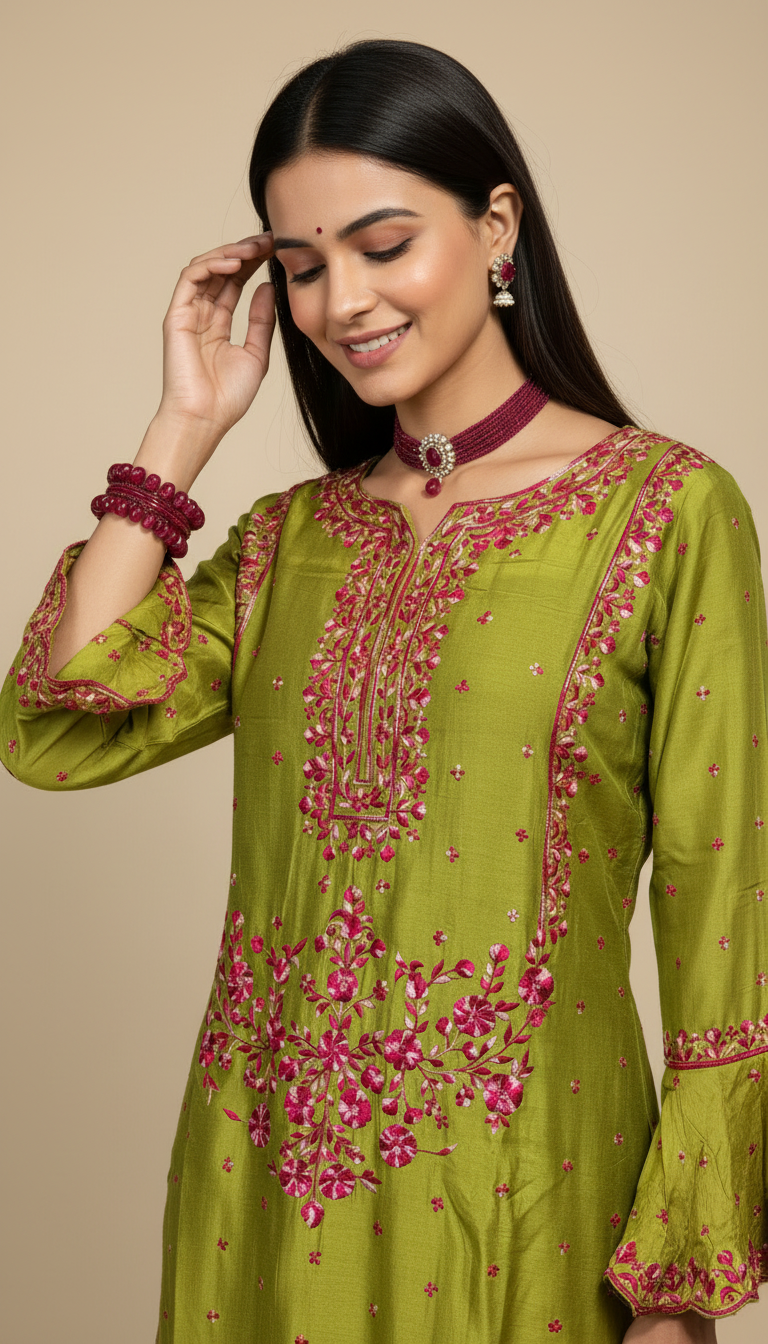 Vasantika-Mehendi Green Embroidered Gharara Set with Dupatta