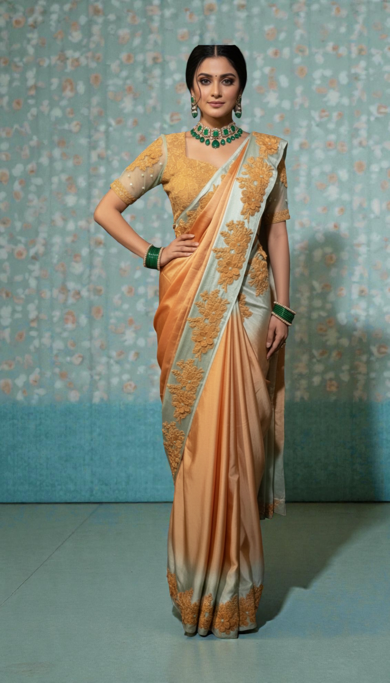 Svarnika-Peach & Soft Mint Applique Saree with Sheer Jacket