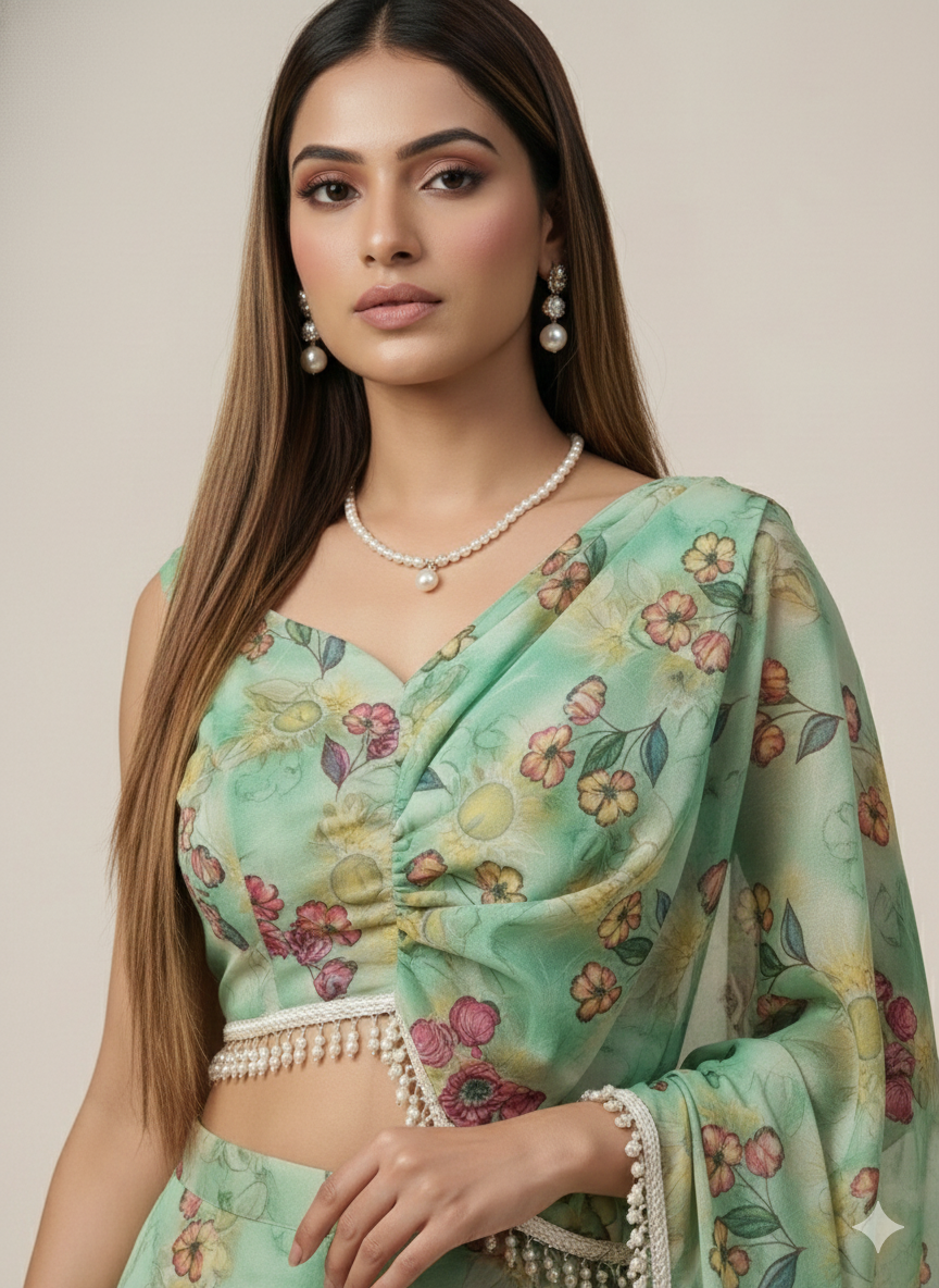 Nazneen-Floral Palazzo Set with Draped Dupatta