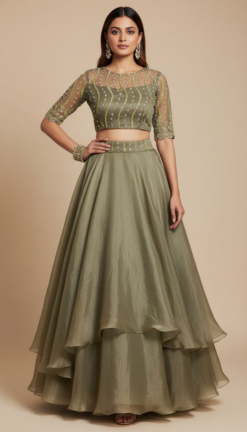 Olivia-Olive Green Designer Lehenga & Croptop