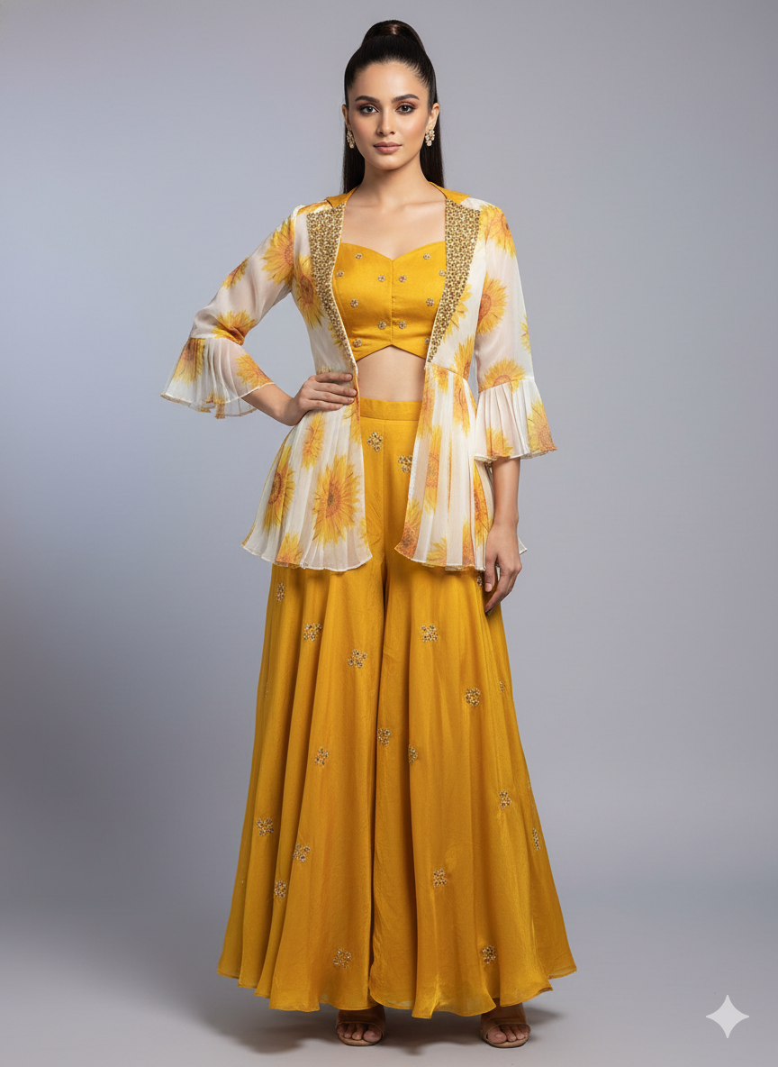 Roshanara- Yellow & White Floral Jacket Sharara Set