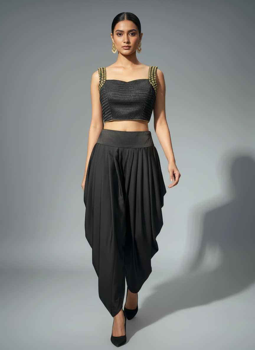 Kosha-Black & Gold Contemporary Draped Ensemble