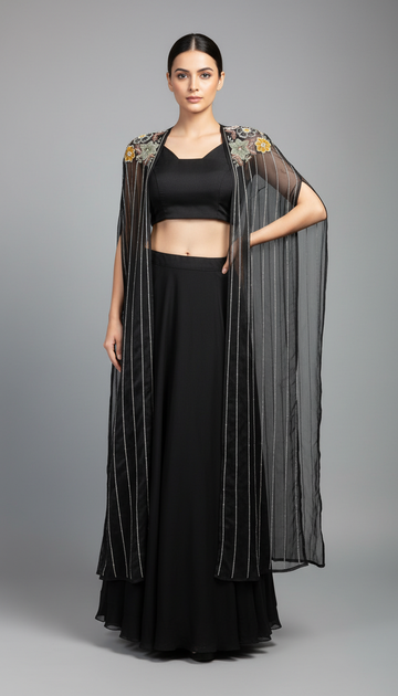 Guldasta-Black Embroidered Cape Lehenga Set