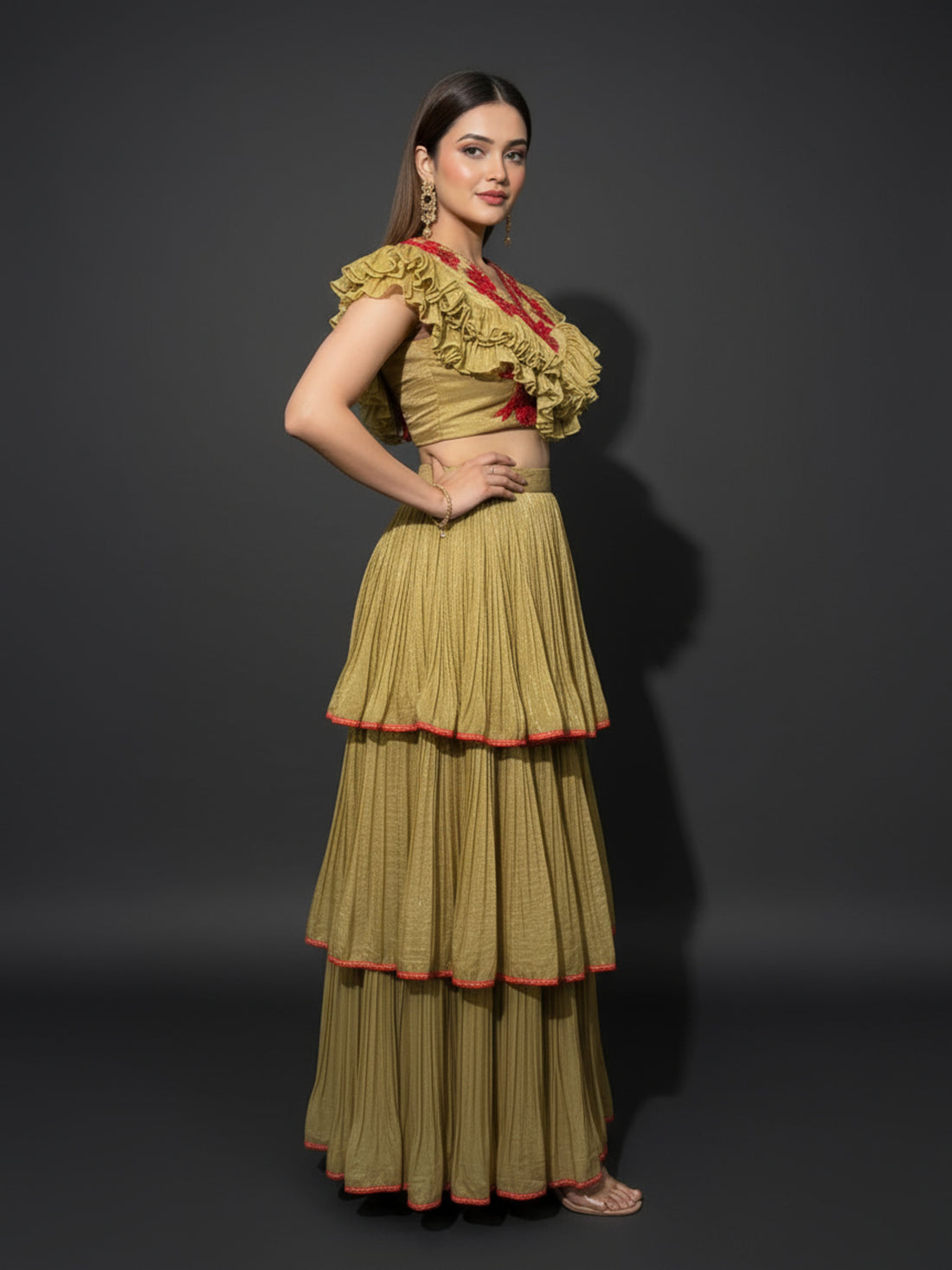 Swarnima-Golden Tiered Lehenga and Crop Top