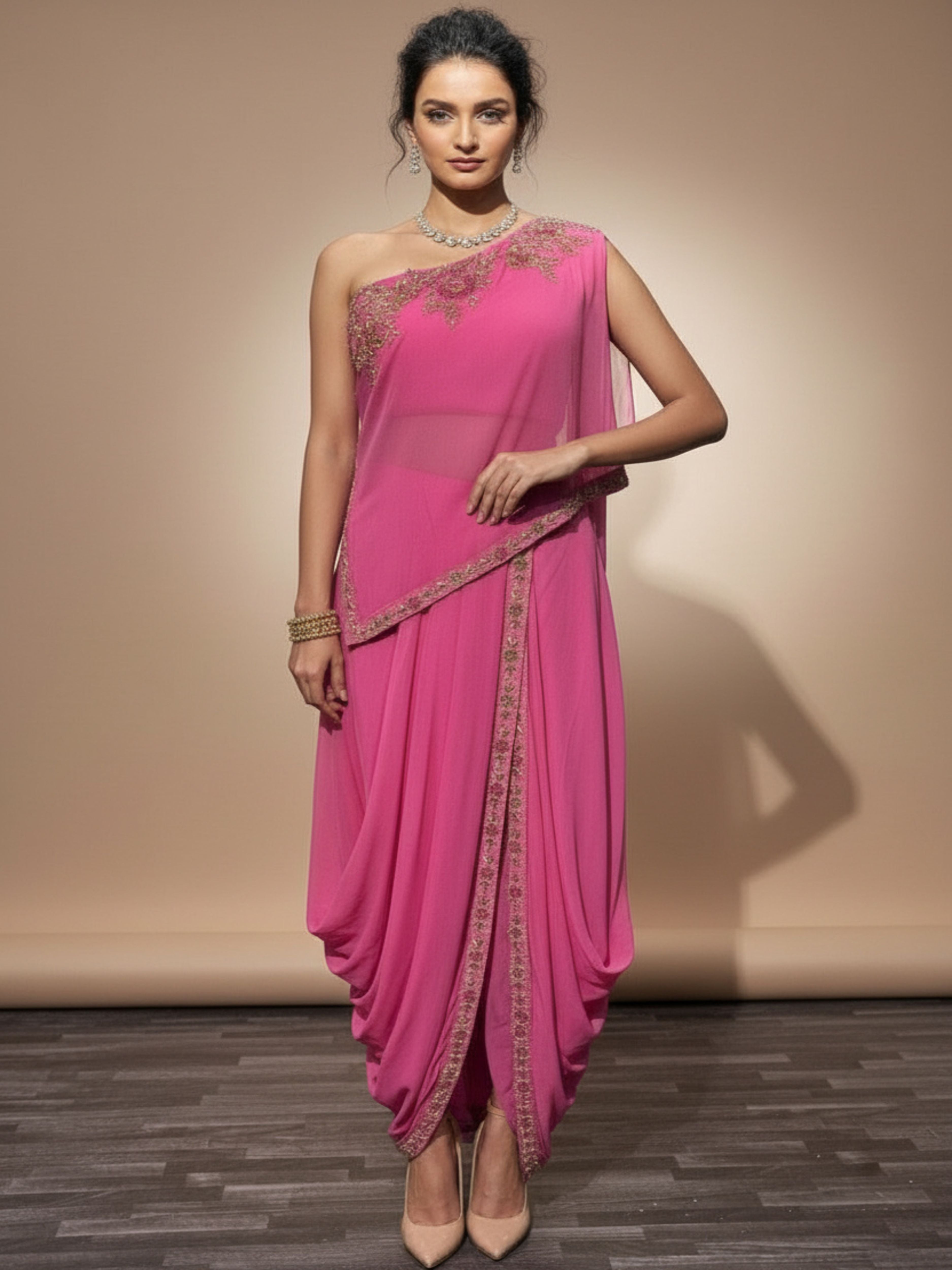 Rosy Enchantment-Designer Draped Skirt with Croptop