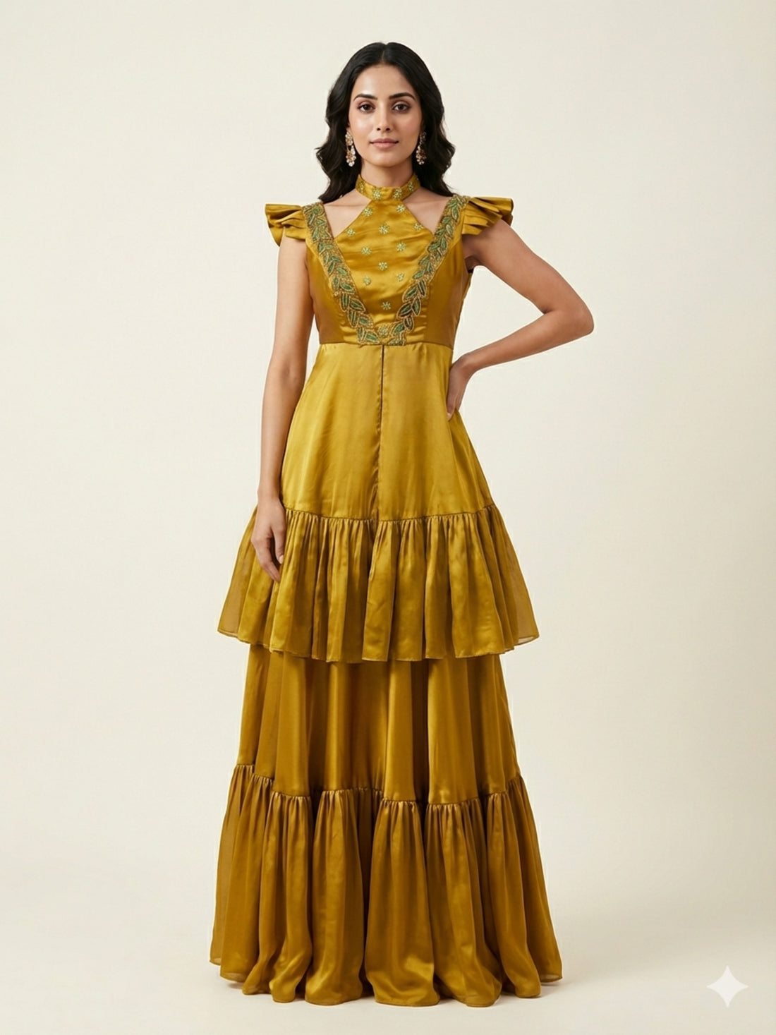 Gloden Saga- Golden Tiered Lehenga with Croptop