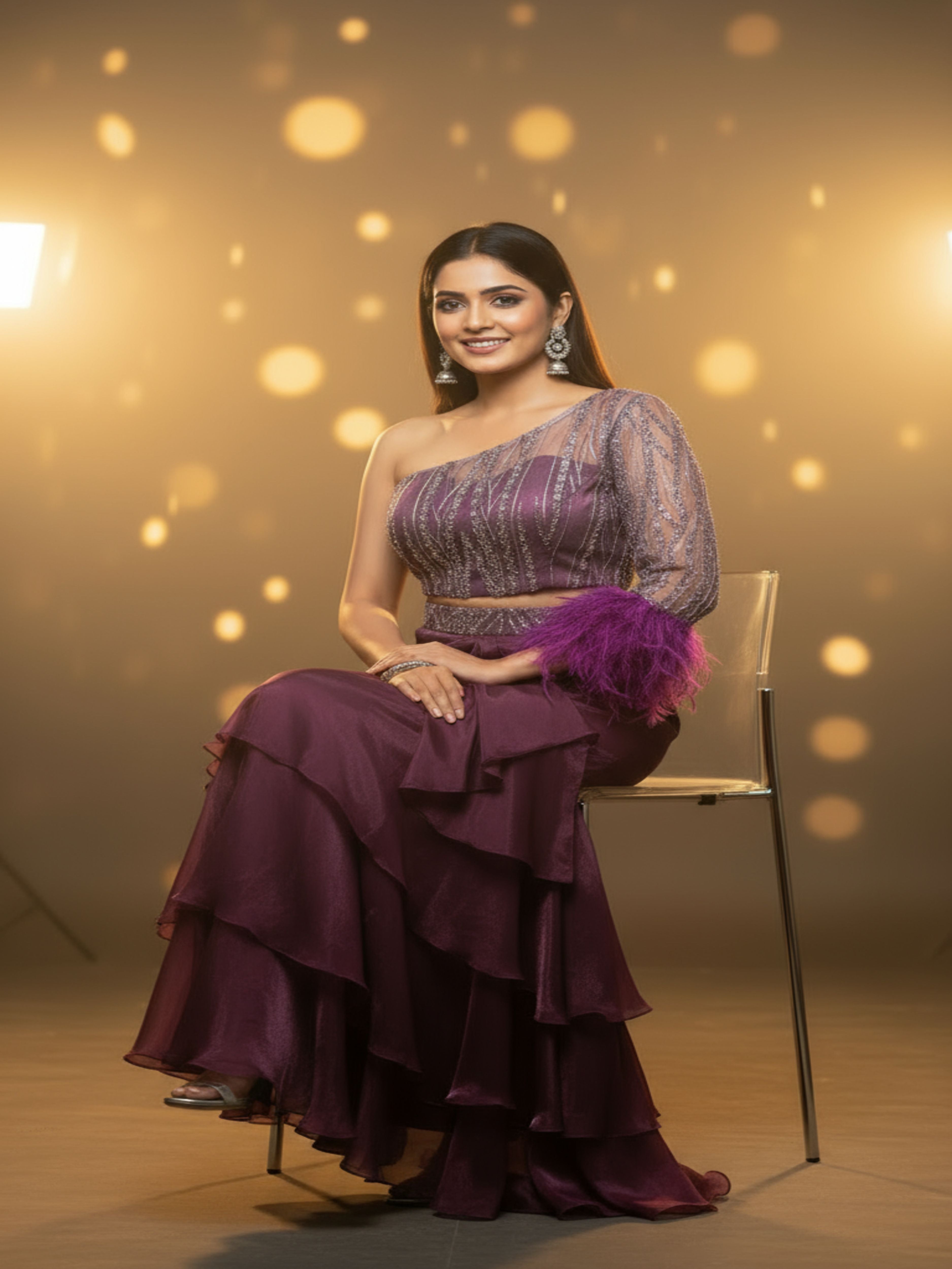 Madhuvarna-Wine Ruffle Lehenga for Cocktail & Reception
