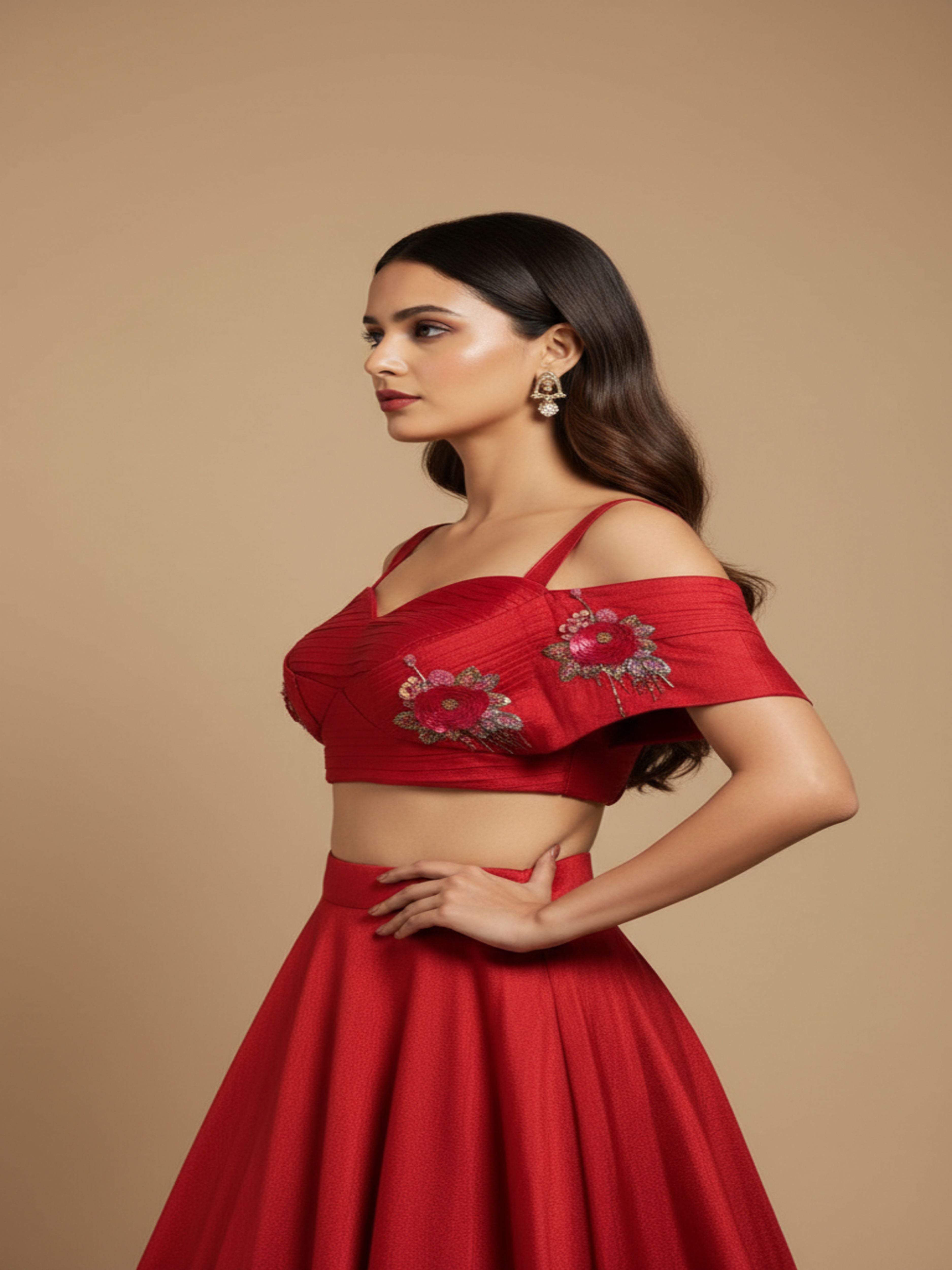 Raktima-Red Designer Lehenga & Croptop Set