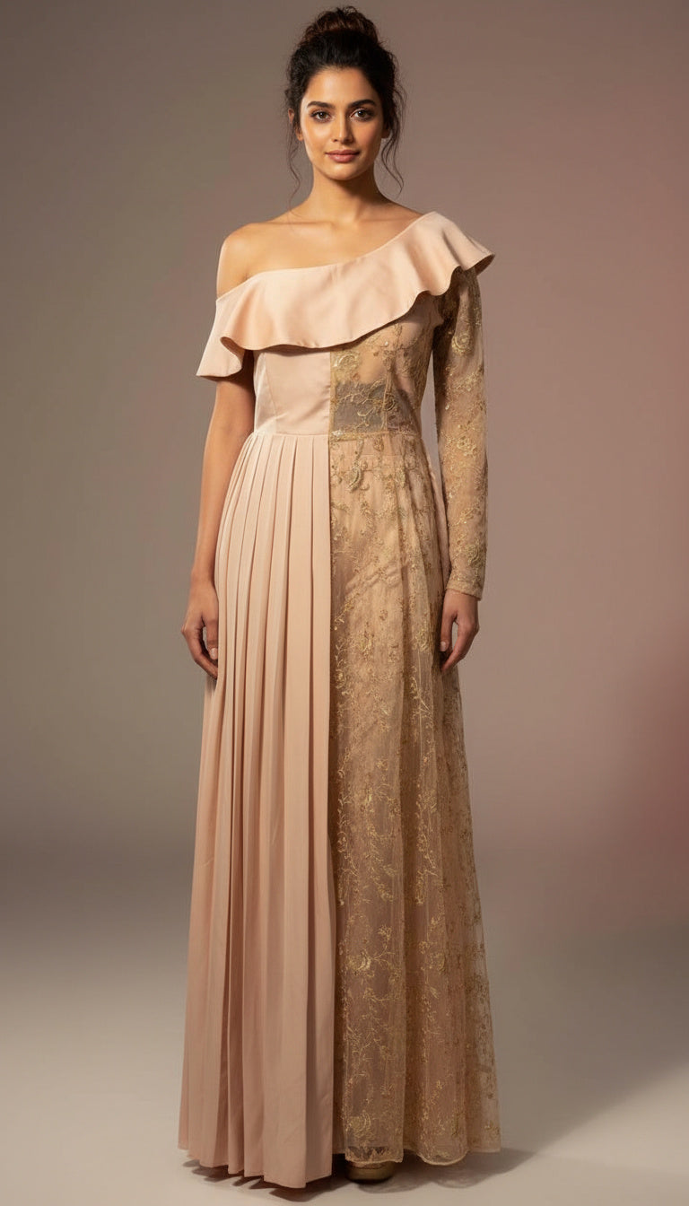 Gulnaaz-Rose Gold Off-Shoulder Pant Ensemble