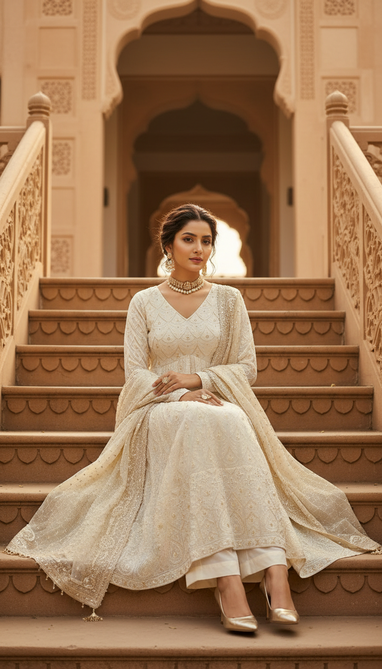 Shvetika-Ivory Embroidered Anarkali Set with Sheer Dupatta