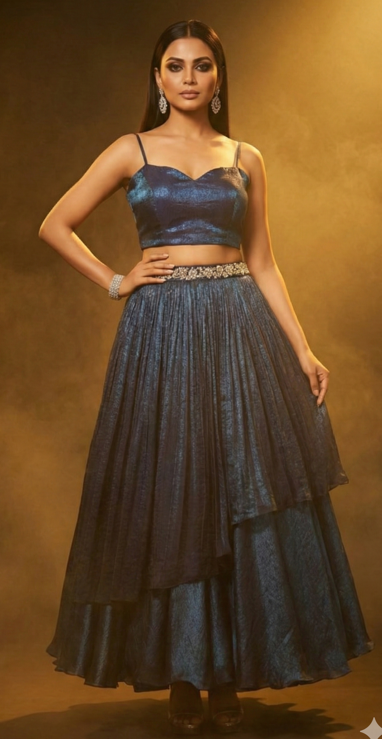 Mayurakshi-Peacock Blue applique crop top set