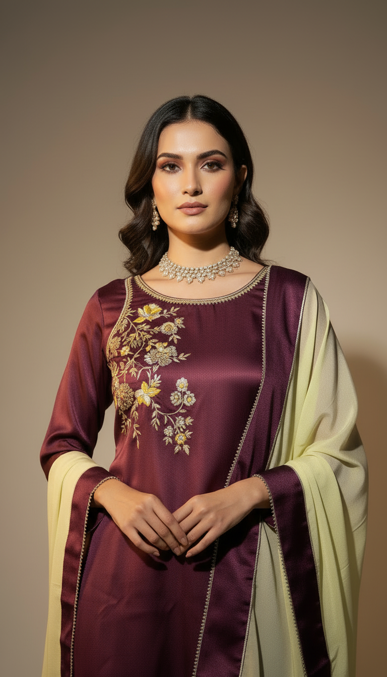 Varnika-Plum Embroidered Kurta Set with Contrast Dupatta