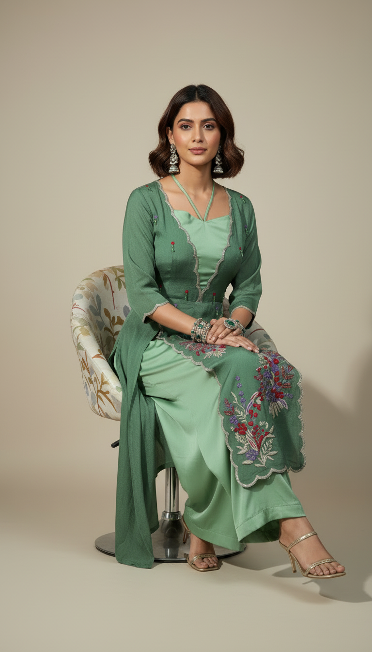 Vasundhara-Luxe Green Embroidered Pallazo Set