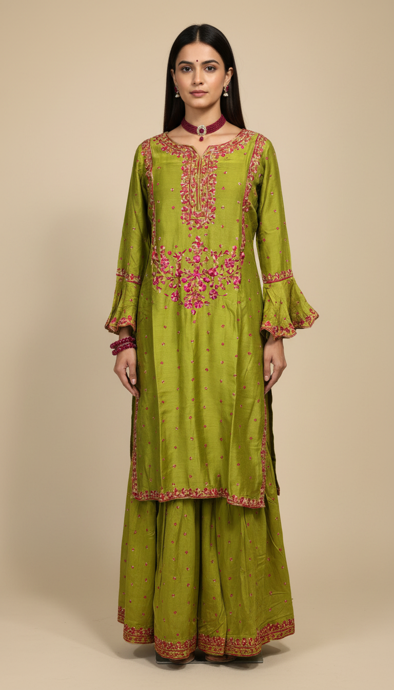 Vasantika-Mehendi Green Embroidered Gharara Set with Dupatta