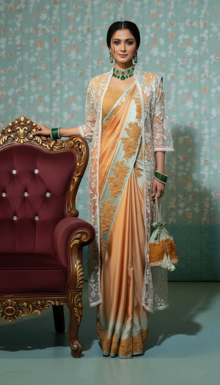 Svarnika-Peach & Soft Mint Applique Saree with Sheer Jacket