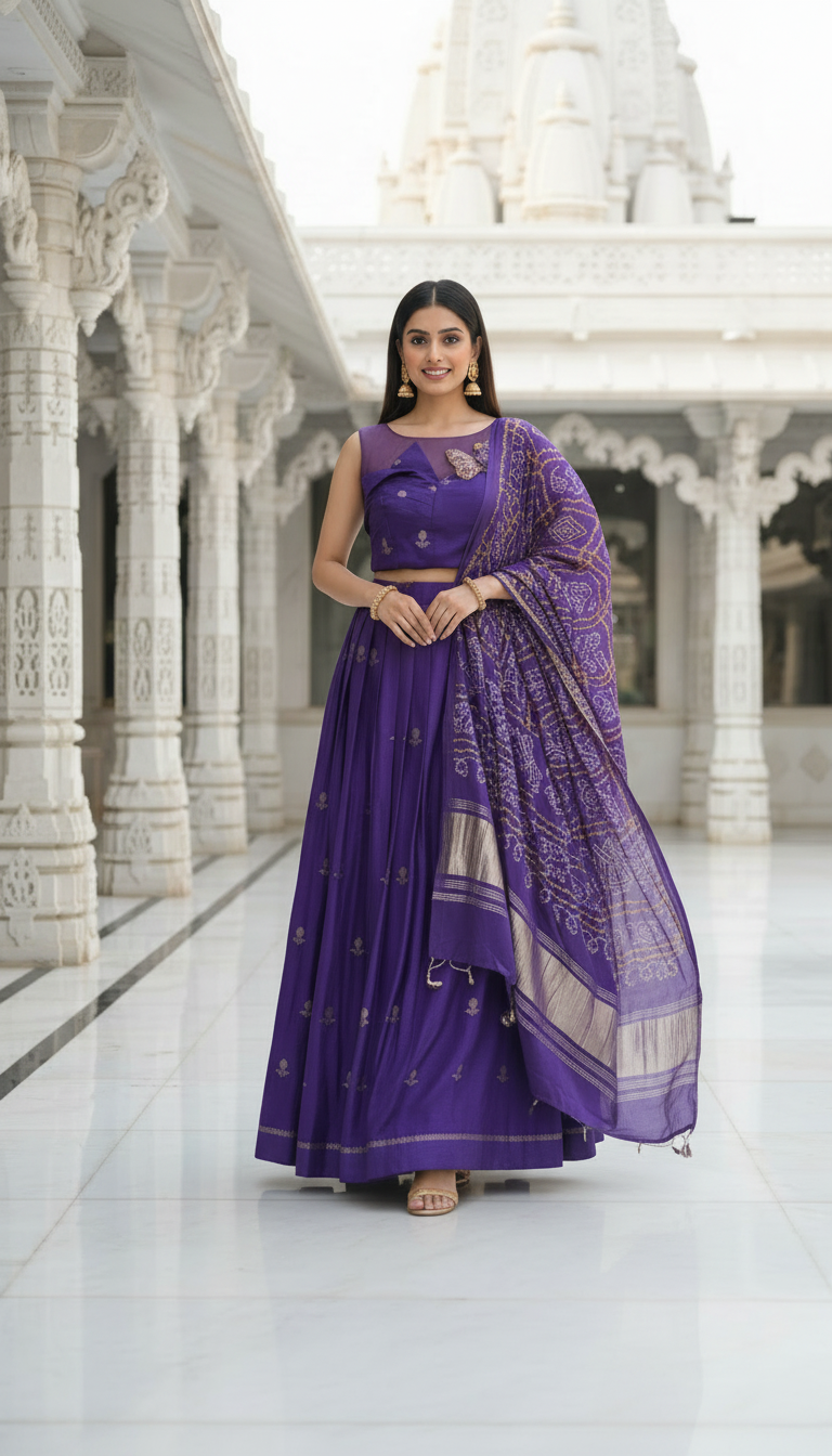 Neelashoba-Royal Purple Lehenga Set with Bandhej Dupatta