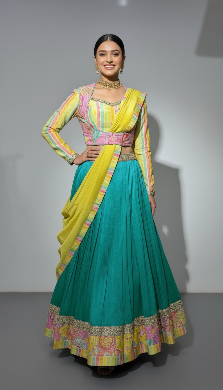 Indradhanush-Multicolour Lehenga Set with Bolero Jacket & Dupatta