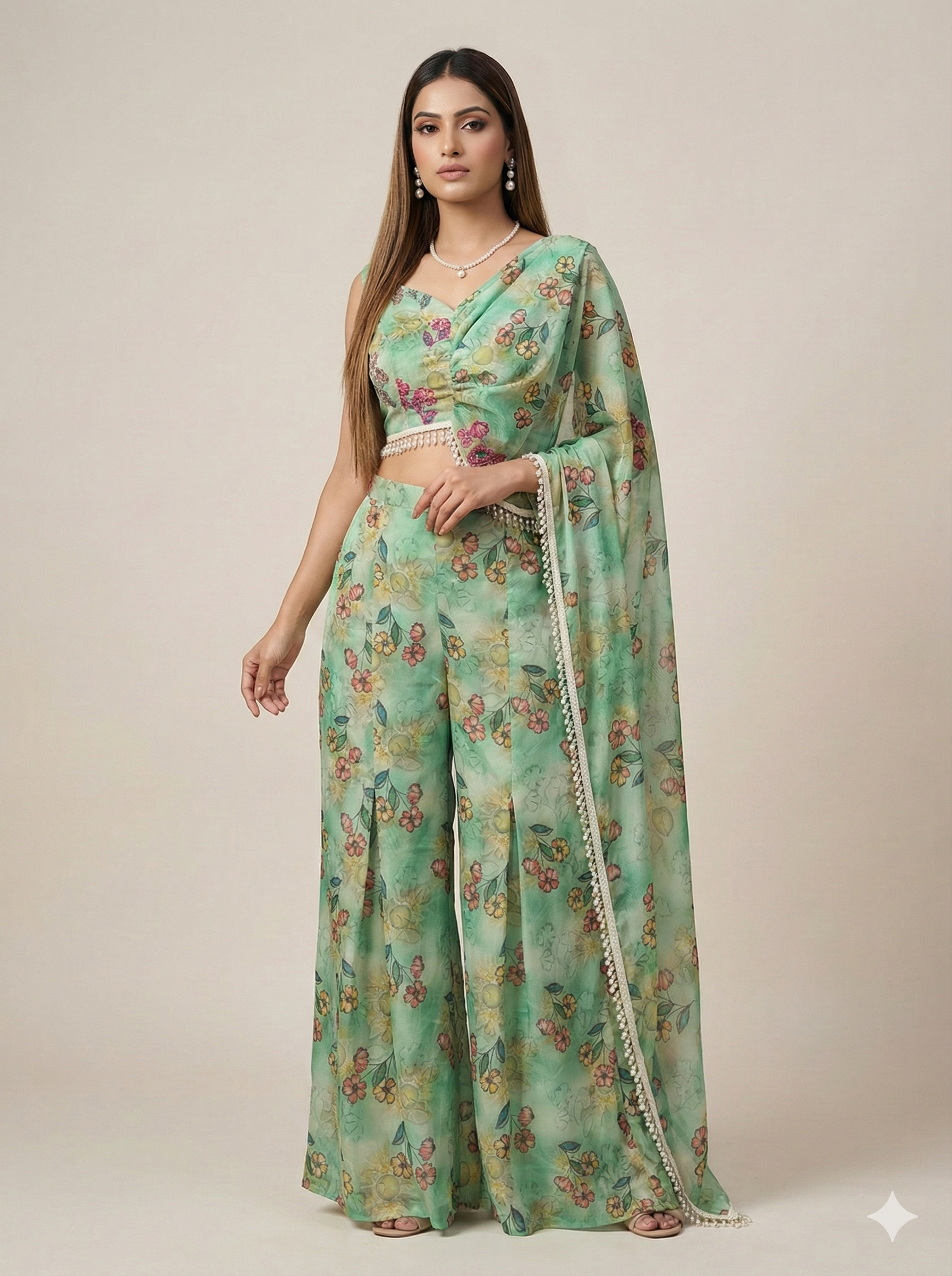 Nazneen-Floral Palazzo Set with Draped Dupatta