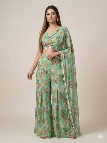 Nazneen-Floral Palazzo Set with Draped Dupatta