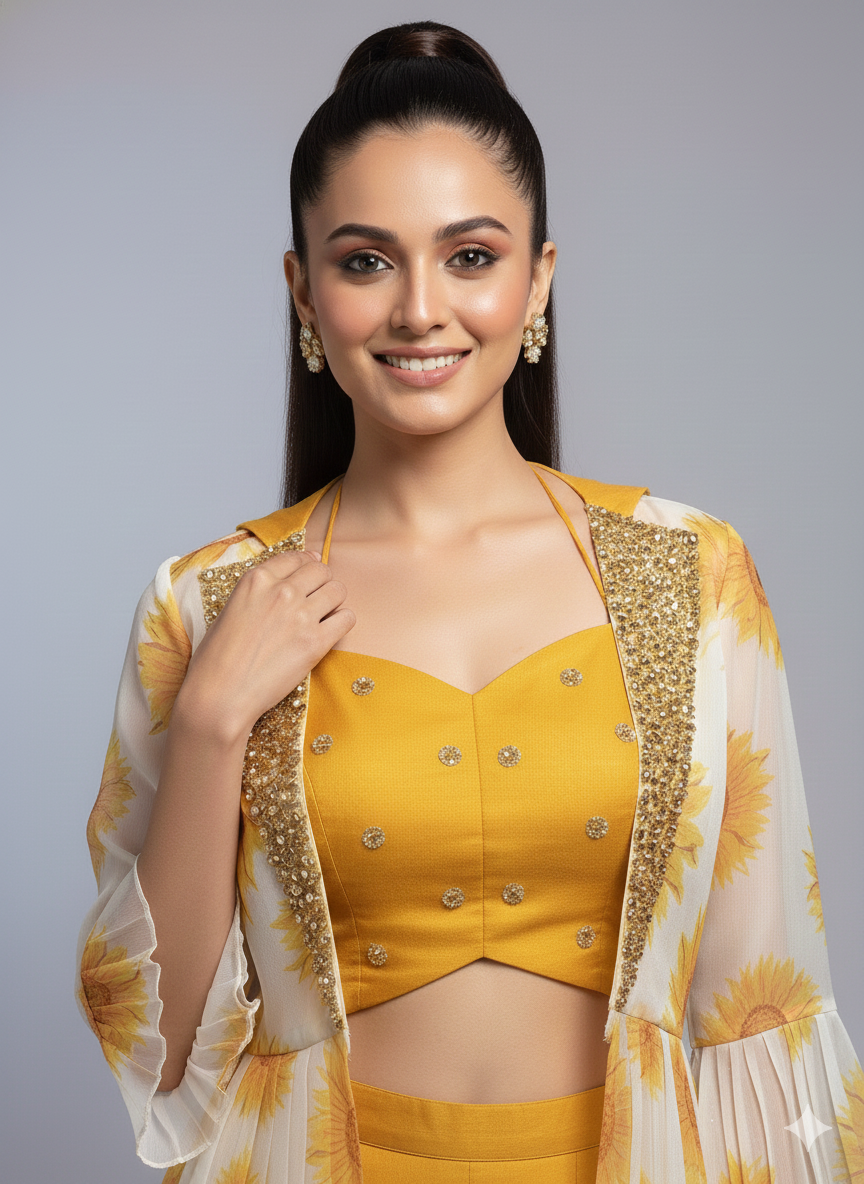 Roshanara- Yellow & White Floral Jacket Sharara Set