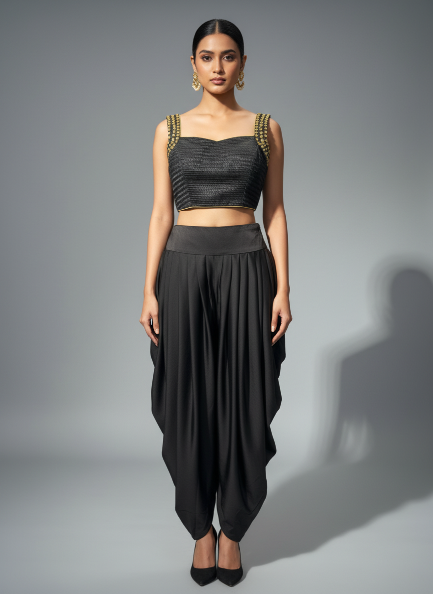 Kosha-Black & Gold Contemporary Draped Ensemble
