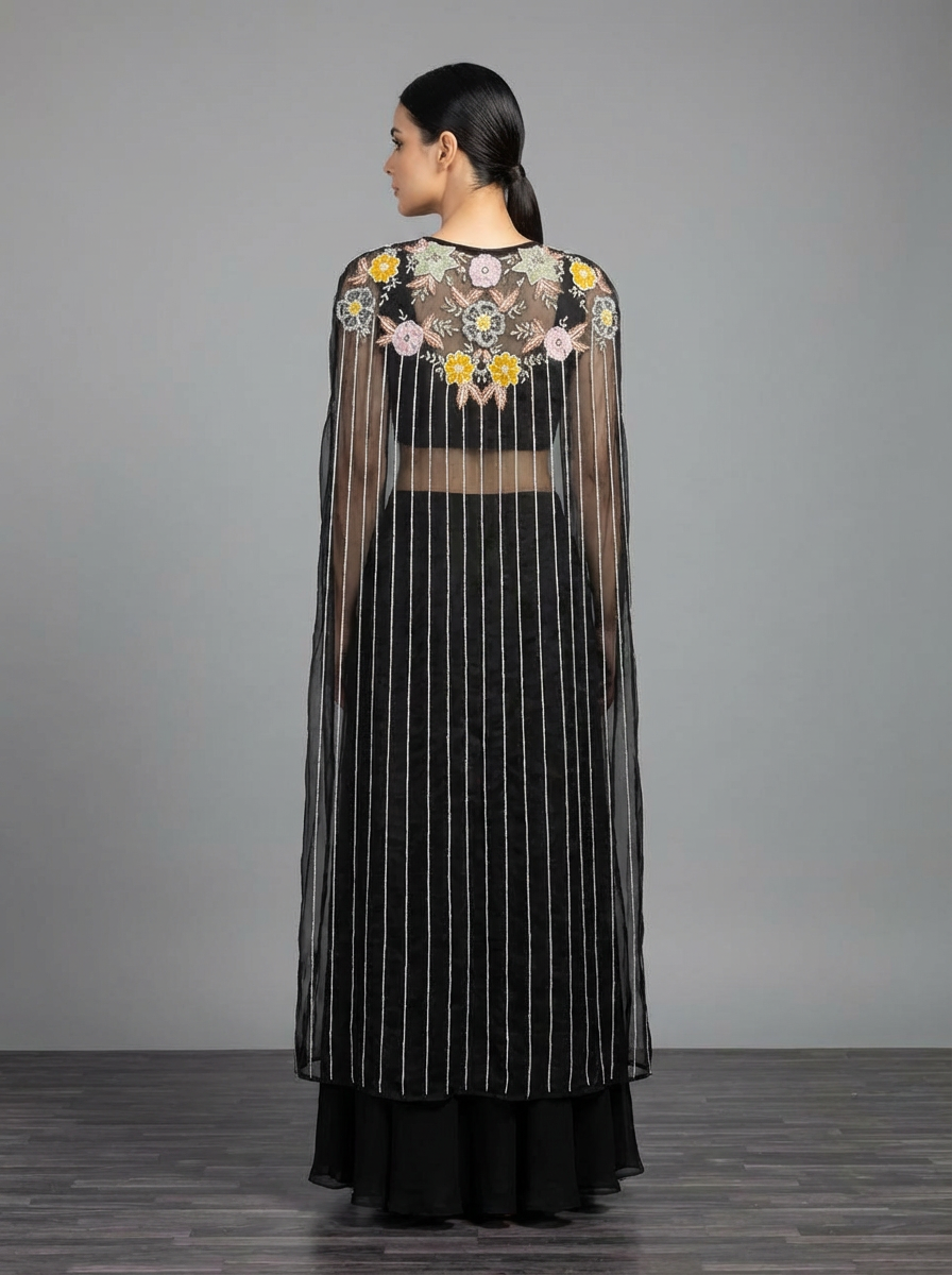 Guldasta-Black Embroidered Cape Lehenga Set