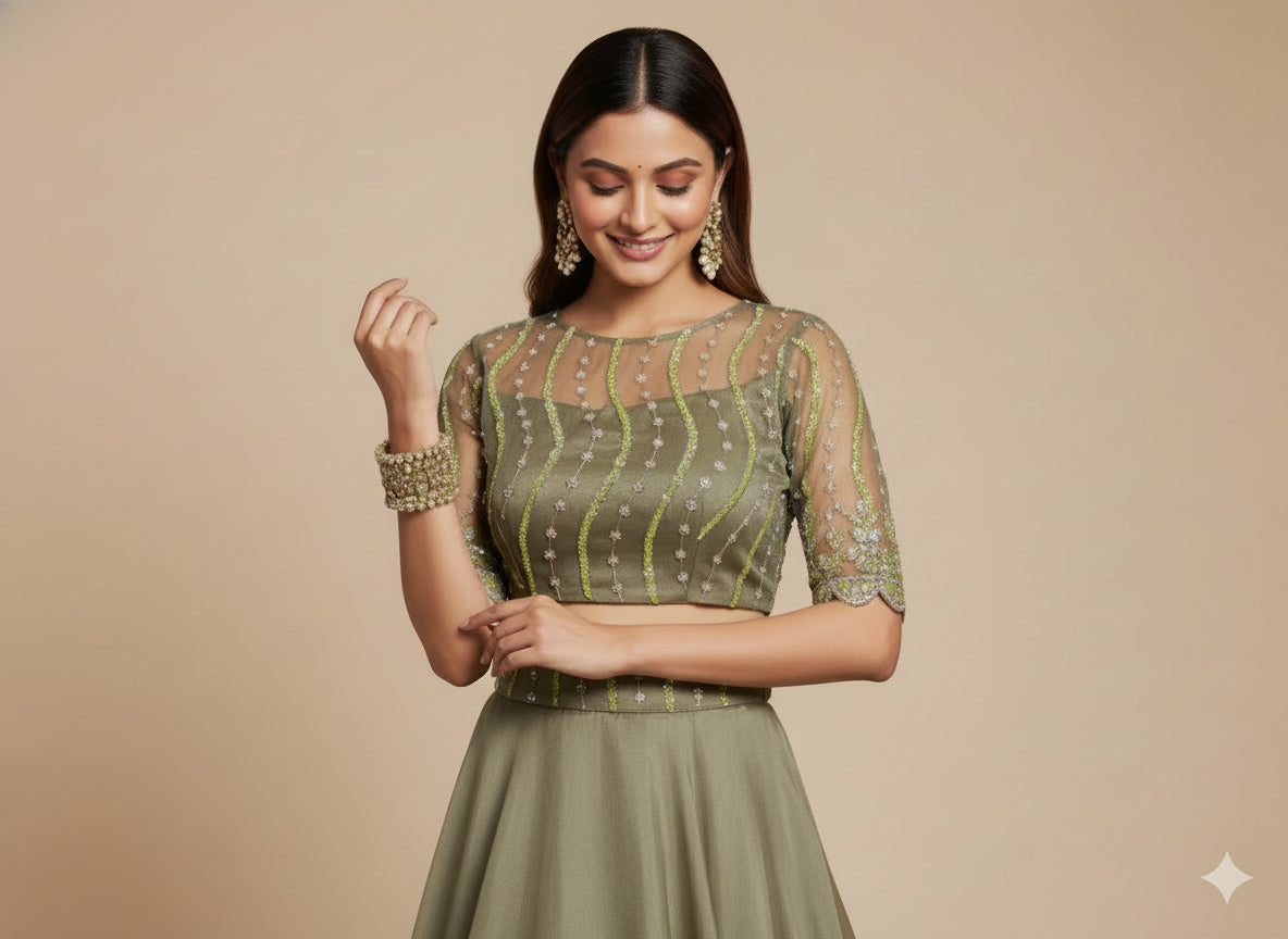 Olivia-Olive Green Designer Lehenga & Croptop