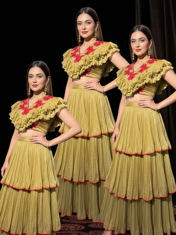 Swarnima-Golden Tiered Lehenga and Crop Top
