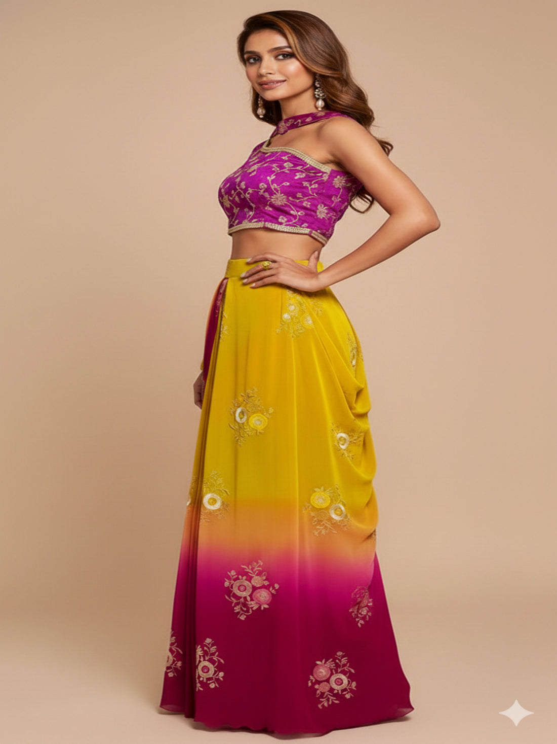 Dual Dazzle-Ombre Draped Lehenga Set