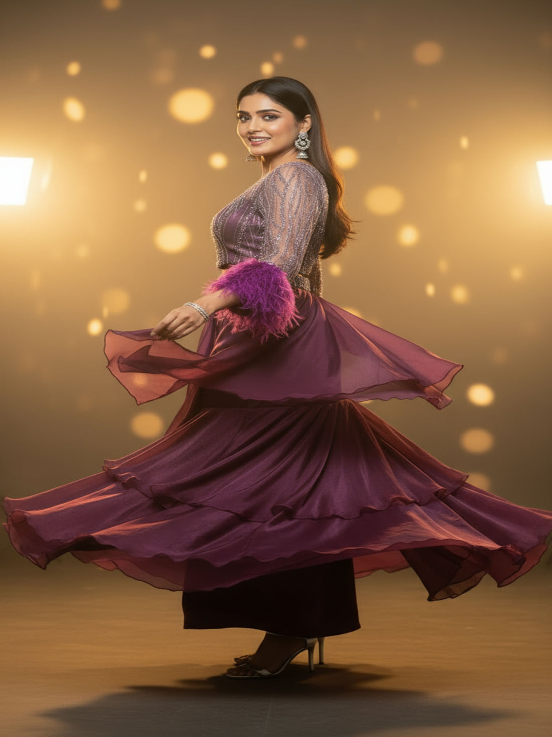 Madhuvarna-Wine Ruffle Lehenga for Cocktail & Reception