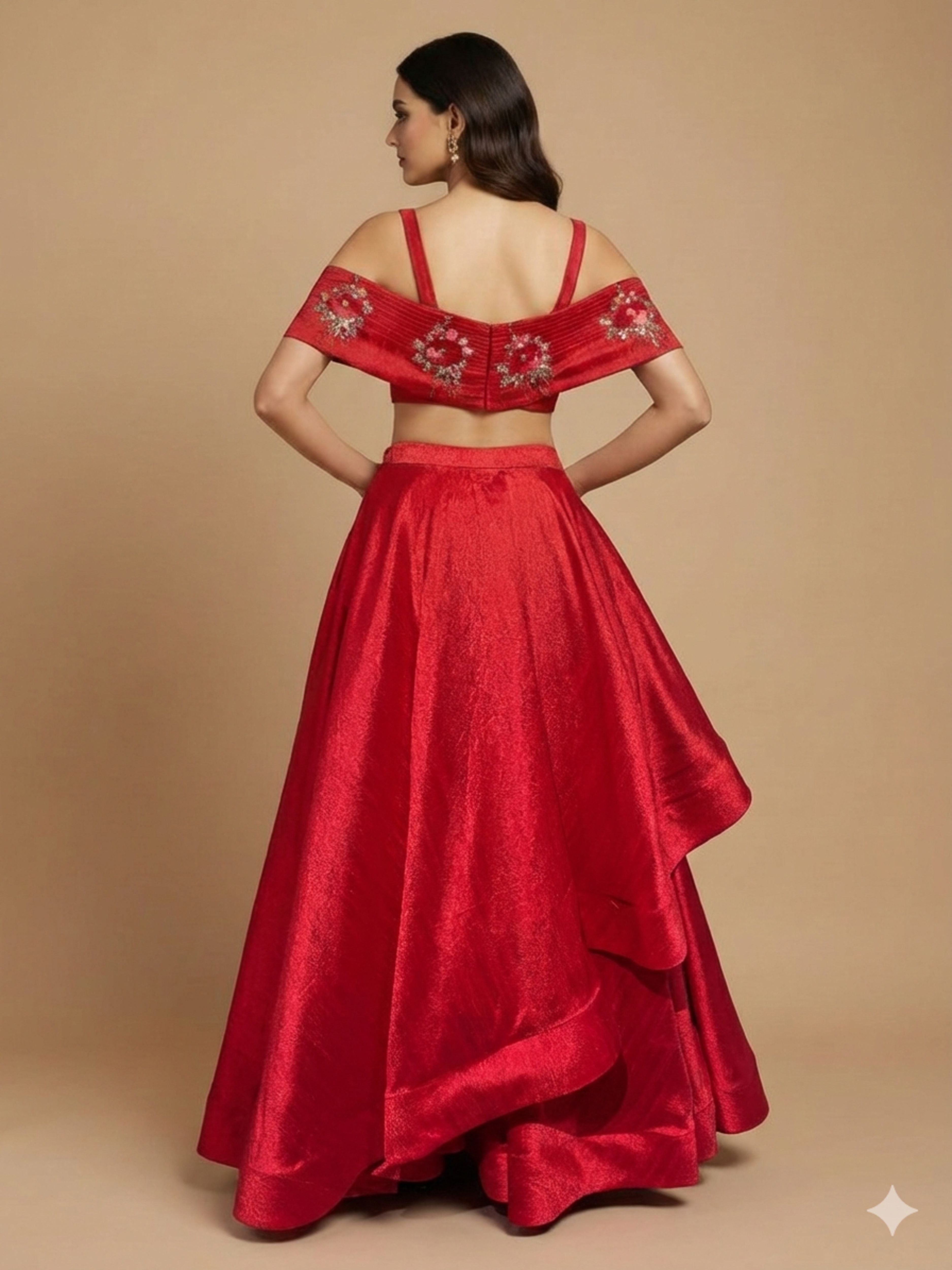 Raktima-Red Designer Lehenga & Croptop Set