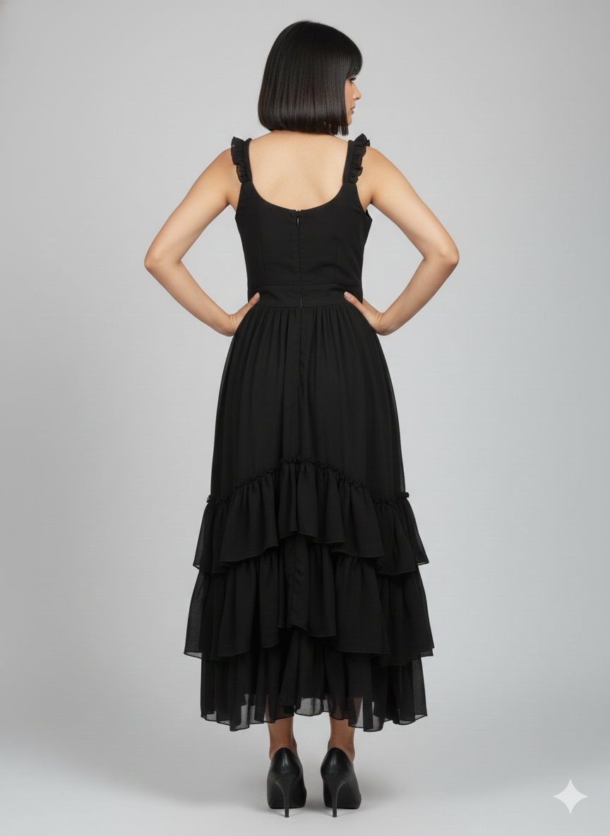 Noir Cascade - Sleeveless Ruffled Dress