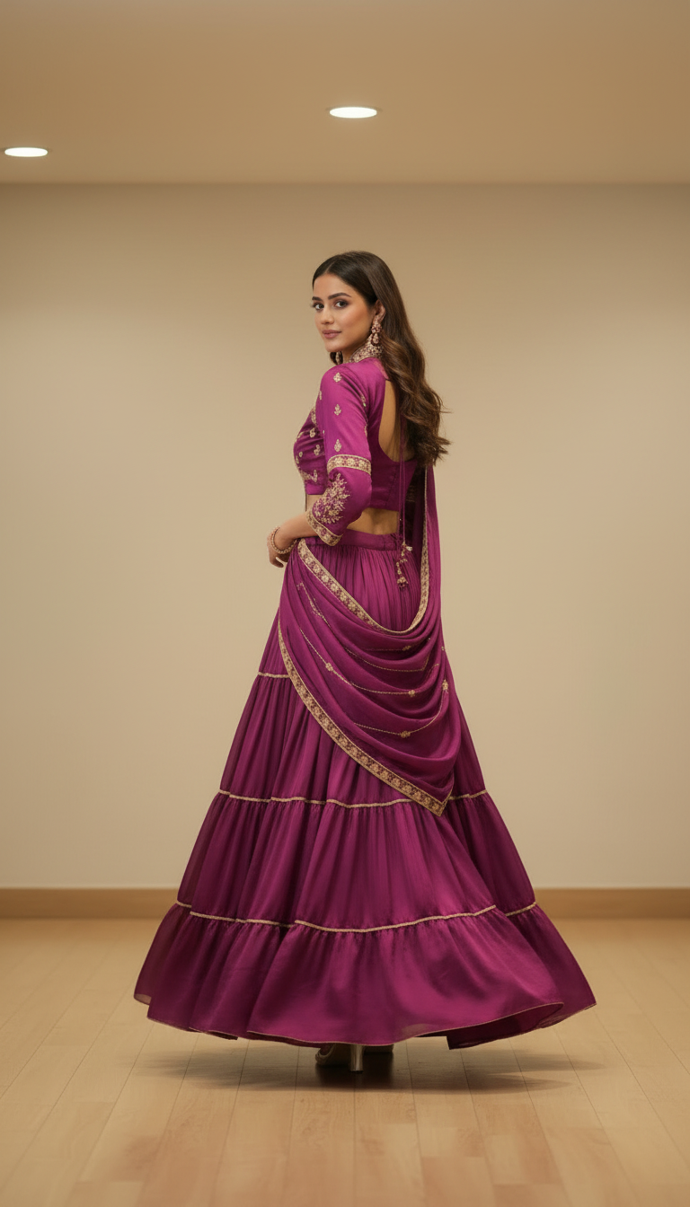 Chhavi - Wine Embroidered Lehenga Set with Dupatta