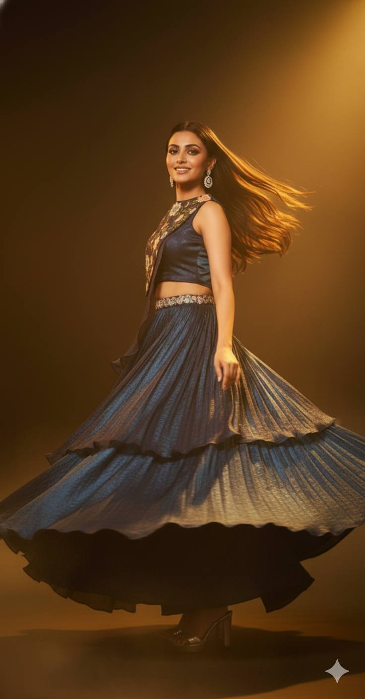 Mayurakshi-Peacock Blue applique crop top set