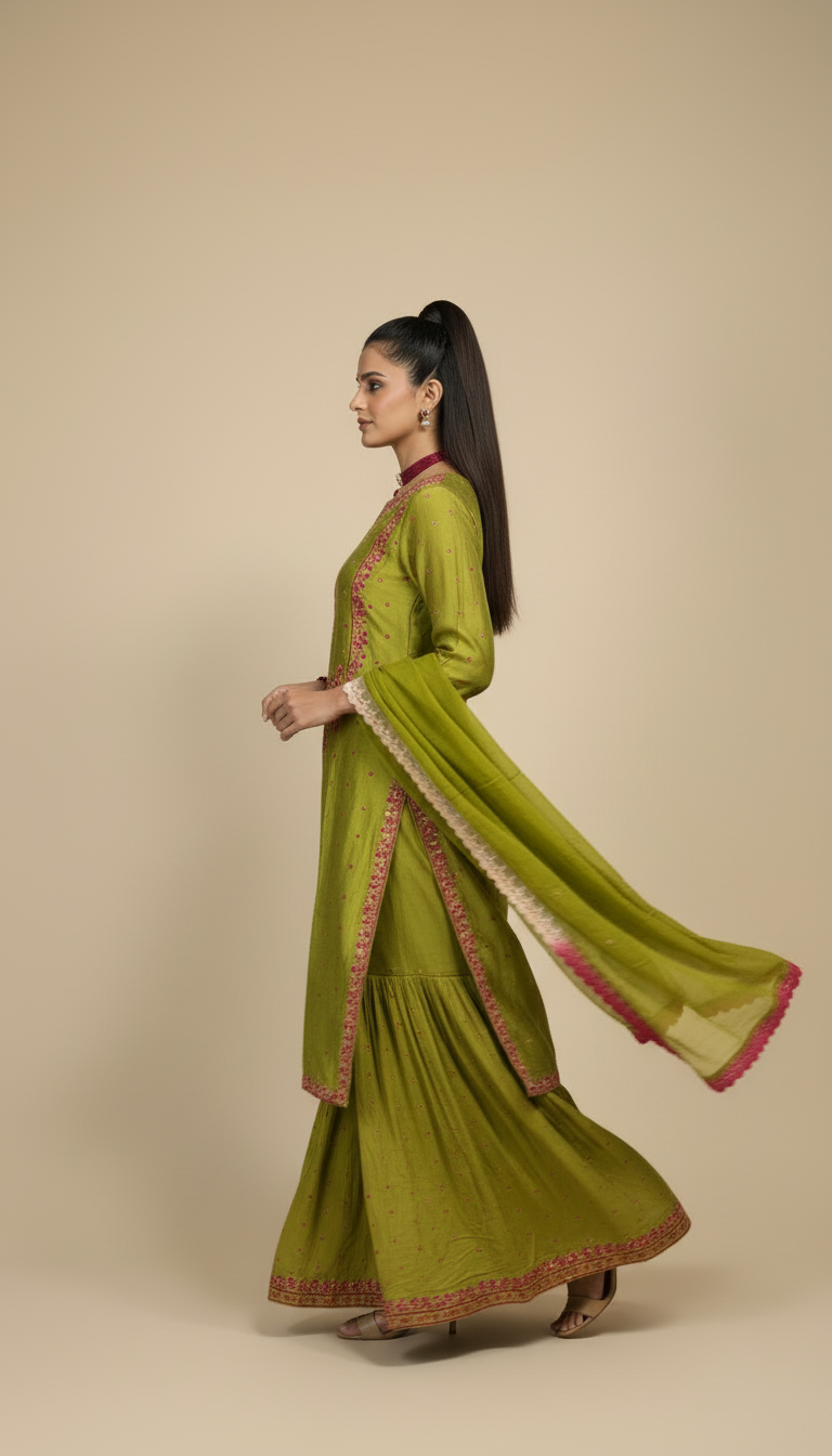 Vasantika-Mehendi Green Embroidered Gharara Set with Dupatta