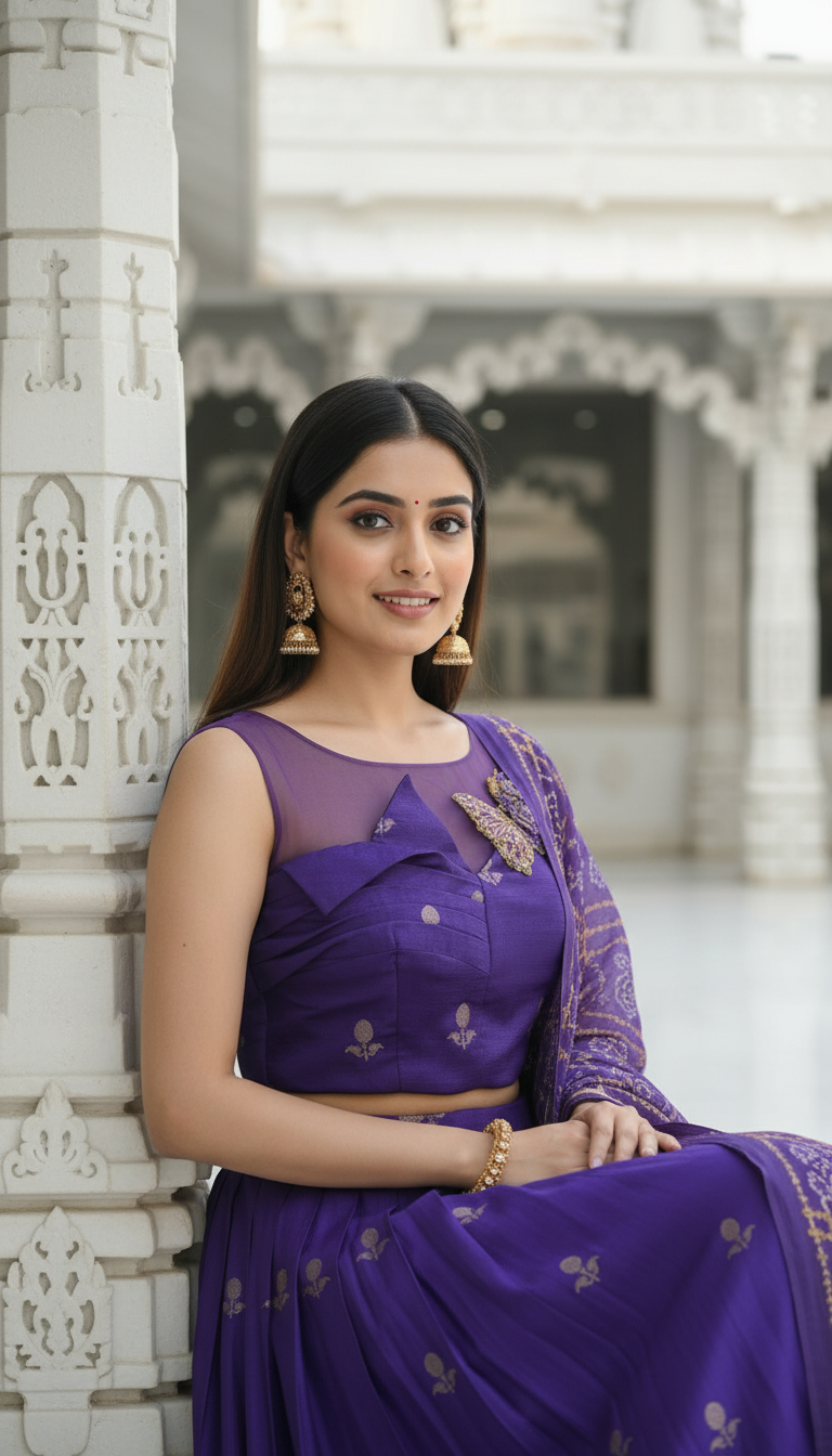 Neelashoba-Royal Purple Lehenga Set with Bandhej Dupatta