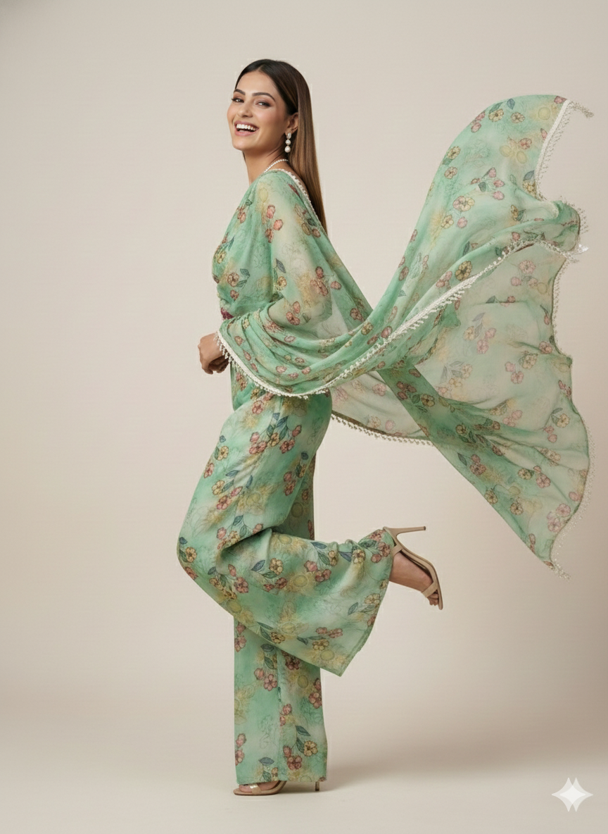 Nazneen-Floral Palazzo Set with Draped Dupatta