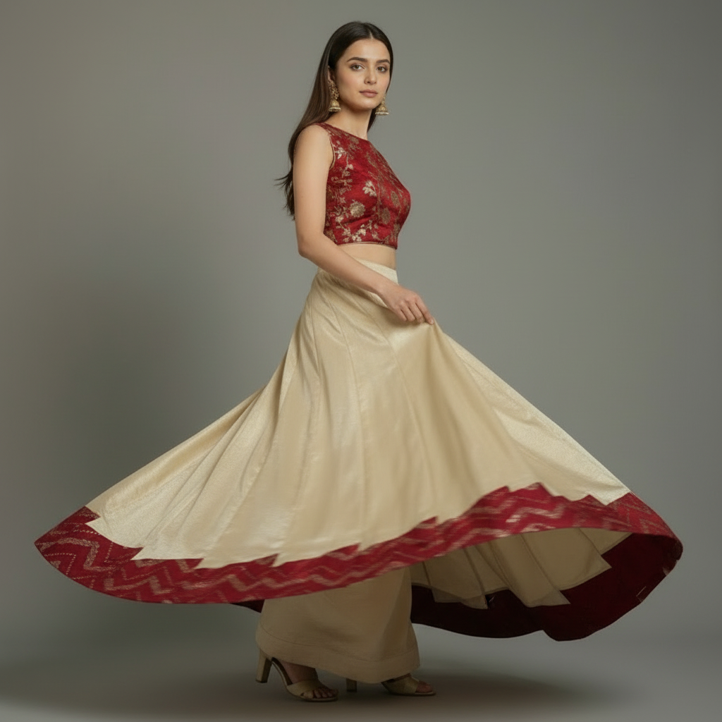 Suvarna-Designer Golden Lehenga and Red Blouse