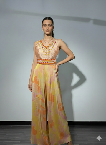 Bahaar-Pastel Sleeveless Jumpsuit with Embellished Cape