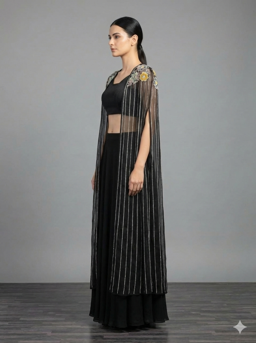 Guldasta-Black Embroidered Cape Lehenga Set